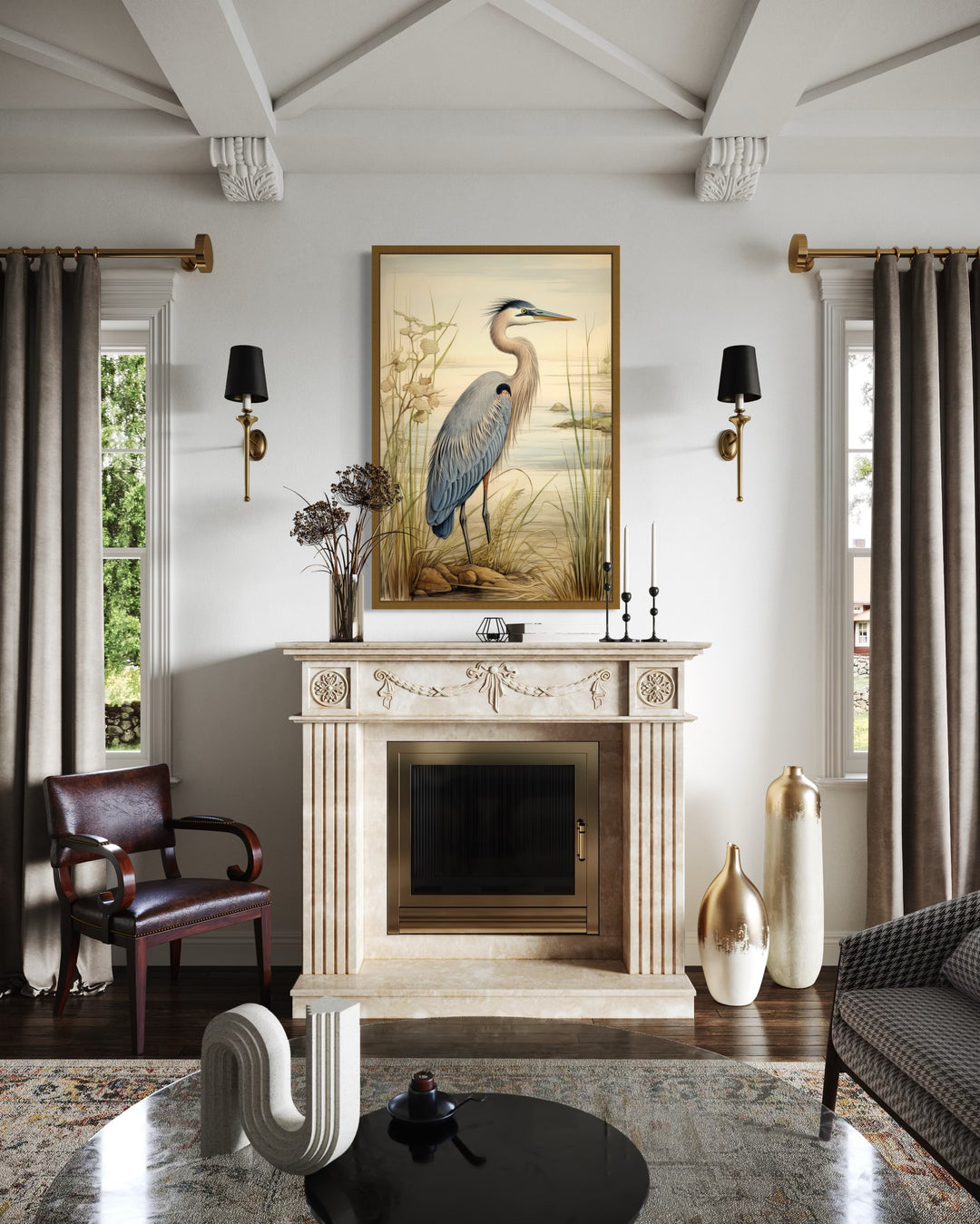 Blue Heron Vintage Framed Canvas Wall Art