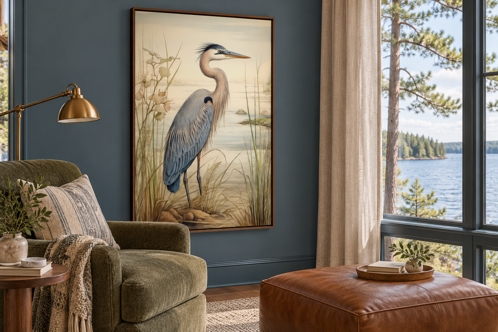 Blue Heron Vintage Framed Canvas Wall Art in a dark blue room with a green armchair and lake view.