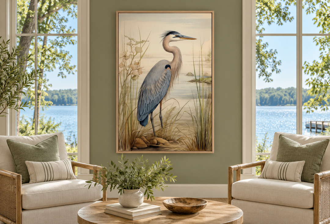 Blue Heron Vintage Framed Canvas Wall Art hanging in a sunroom between two windows.