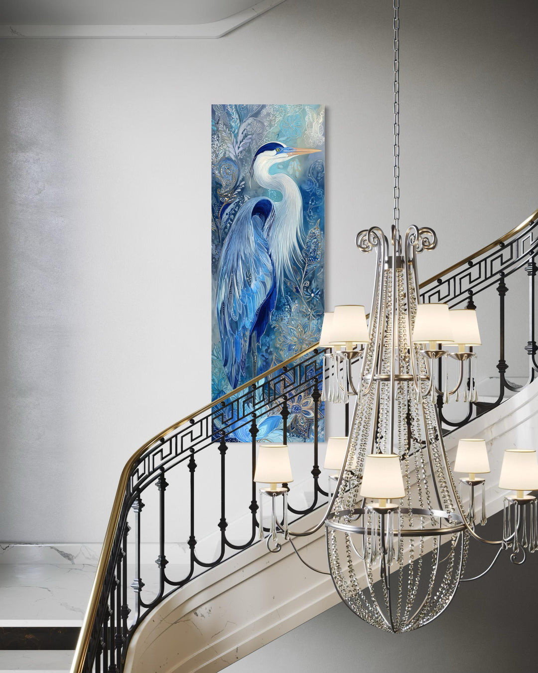 Tall narrow canvas print of a blue heron in an elegant vertical composition on a white wall.