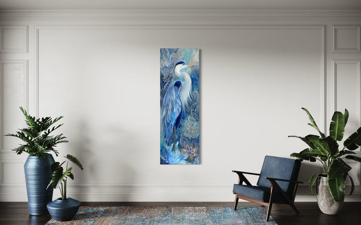 Tall narrow canvas print of a blue heron with intricate patterns in a modern living room setting.