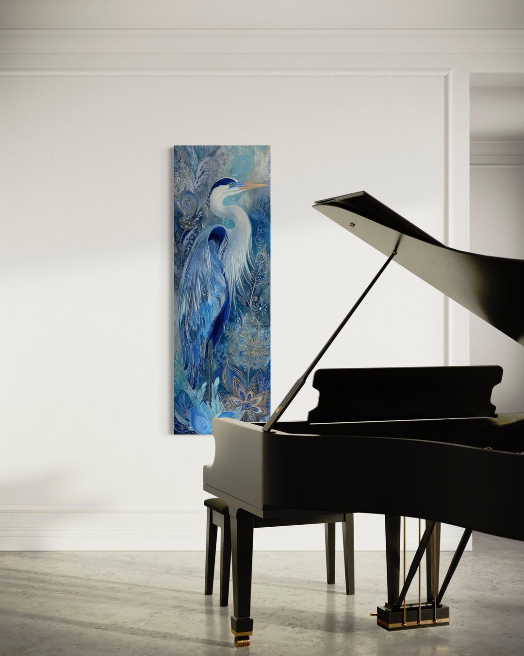 A tall, narrow canvas print of a blue heron in a serene, decorative style hangs beside a grand piano.