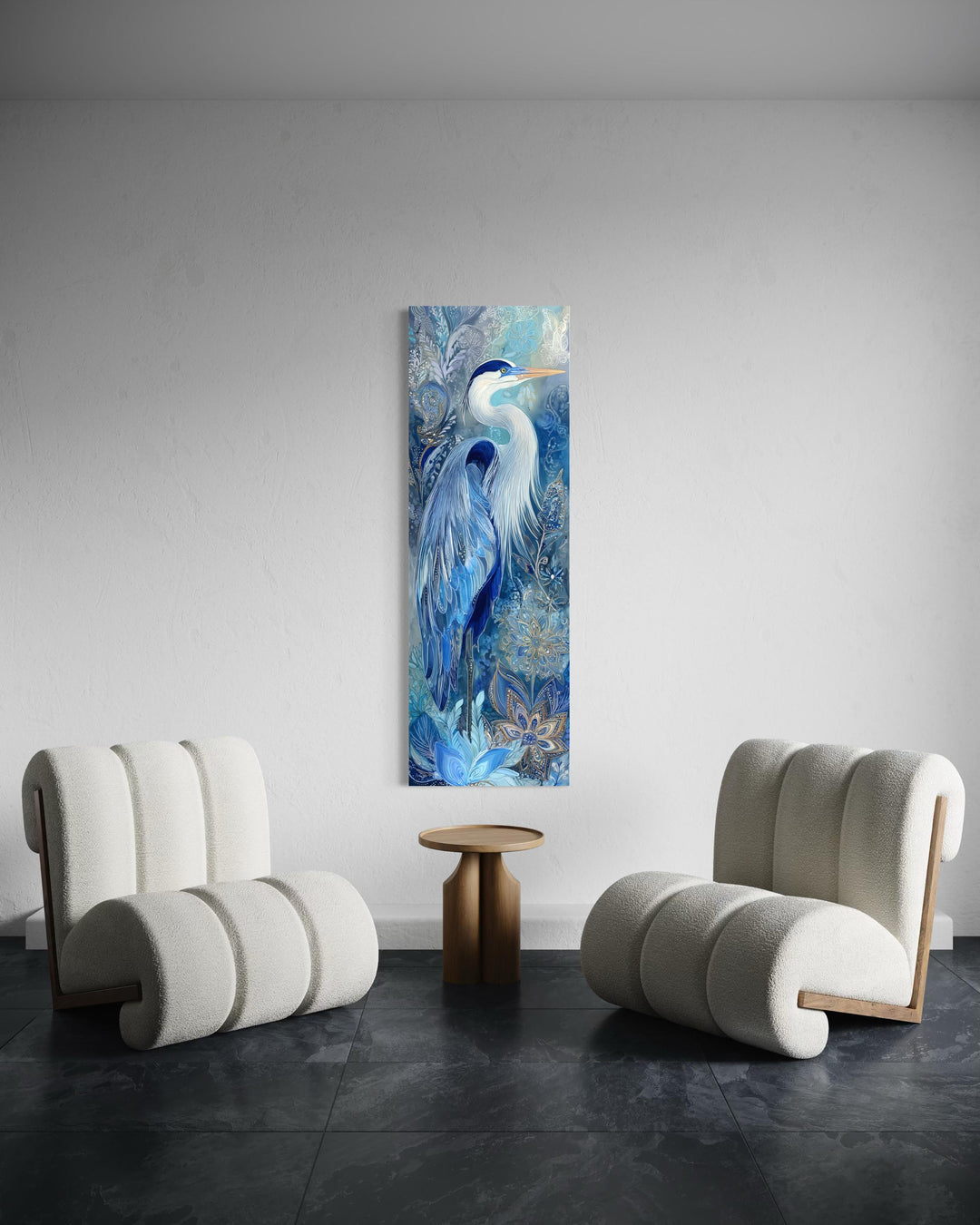 Tall narrow canvas print of a blue heron with intricate patterns in a modern minimalist room.