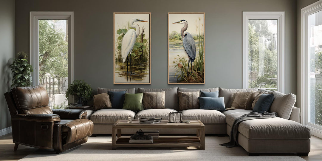 Set of two vertical canvas prints featuring a blue heron and a white egret in a marsh setting.