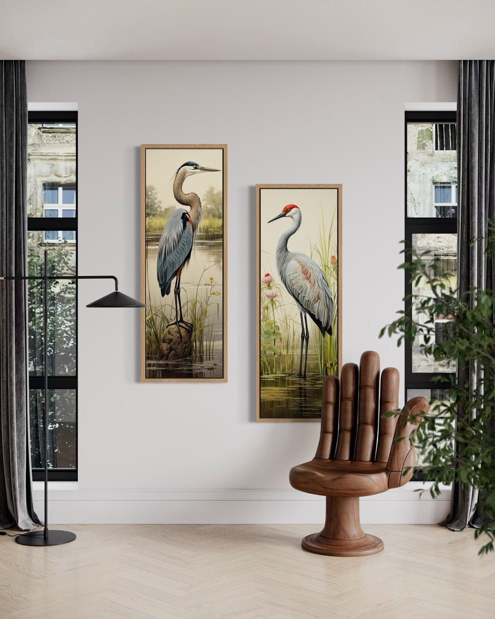 Tall vertical set of two canvas wall art pieces featuring a blue heron and a sandhill crane.