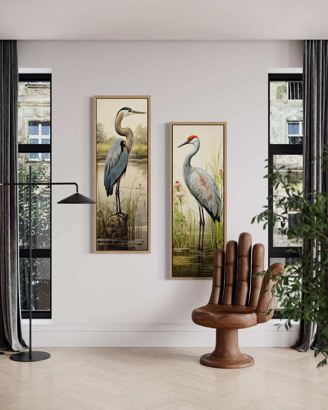Tall vertical set of two canvas wall art pieces featuring a blue heron and a sandhill crane.