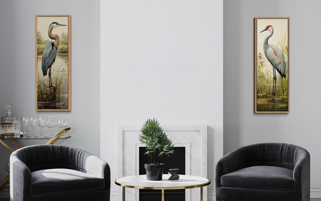 Set of two tall vertical canvas wall art pieces featuring a blue heron and a sandhill crane.