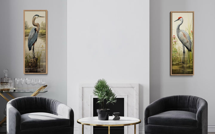 Set of two tall vertical canvas wall art pieces featuring a blue heron and a sandhill crane.