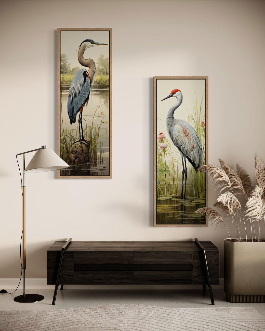 Two tall vertical canvas prints featuring a blue heron and a sandhill crane in lush marsh settings.