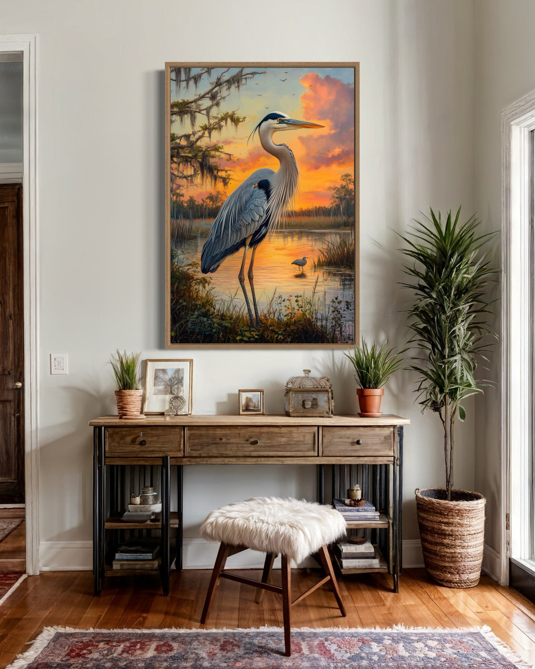 Blue Heron at Sunset Marshland Framed Canvas Wall Art