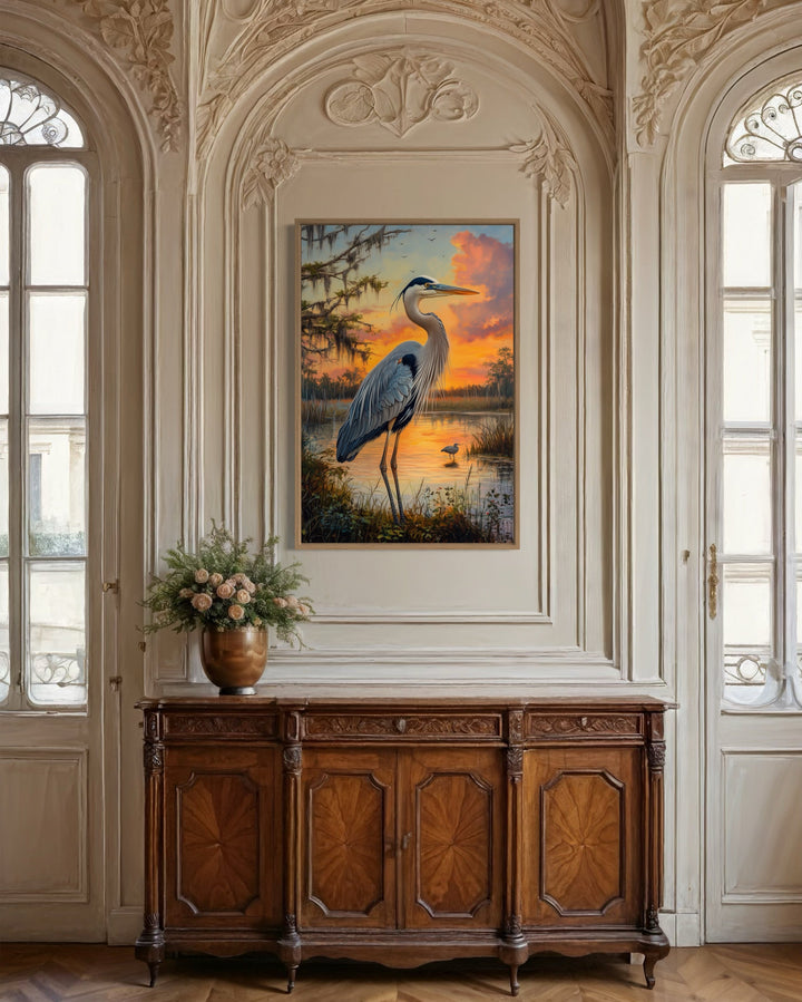 Blue Heron at Sunset Marshland Framed Canvas Wall Art