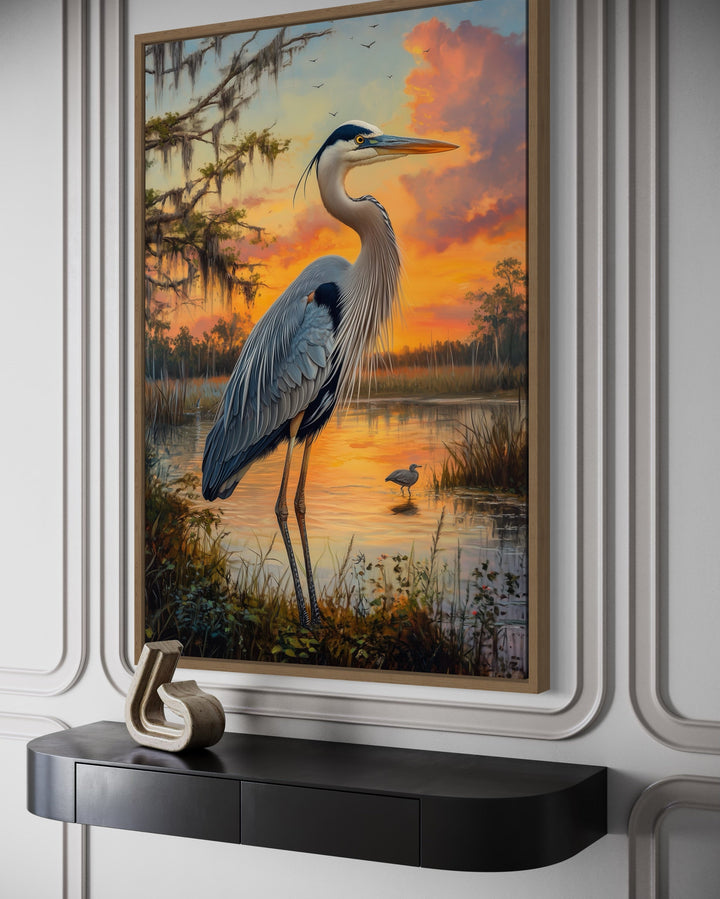 Blue Heron at Sunset Marshland Framed Canvas Wall Art