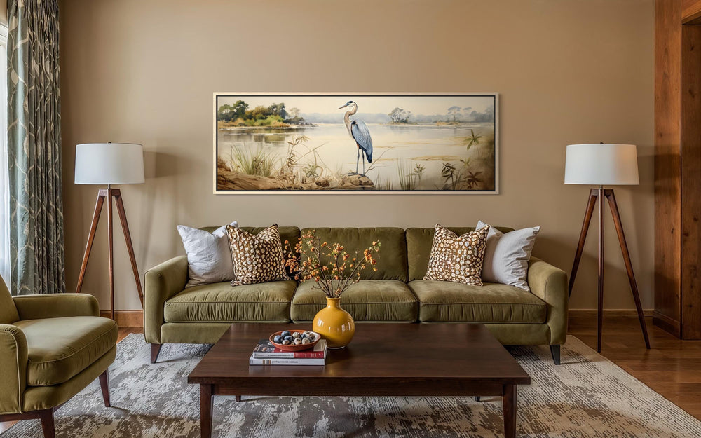 Blue Heron by the Lake Long Horizontal Canvas Wall Art