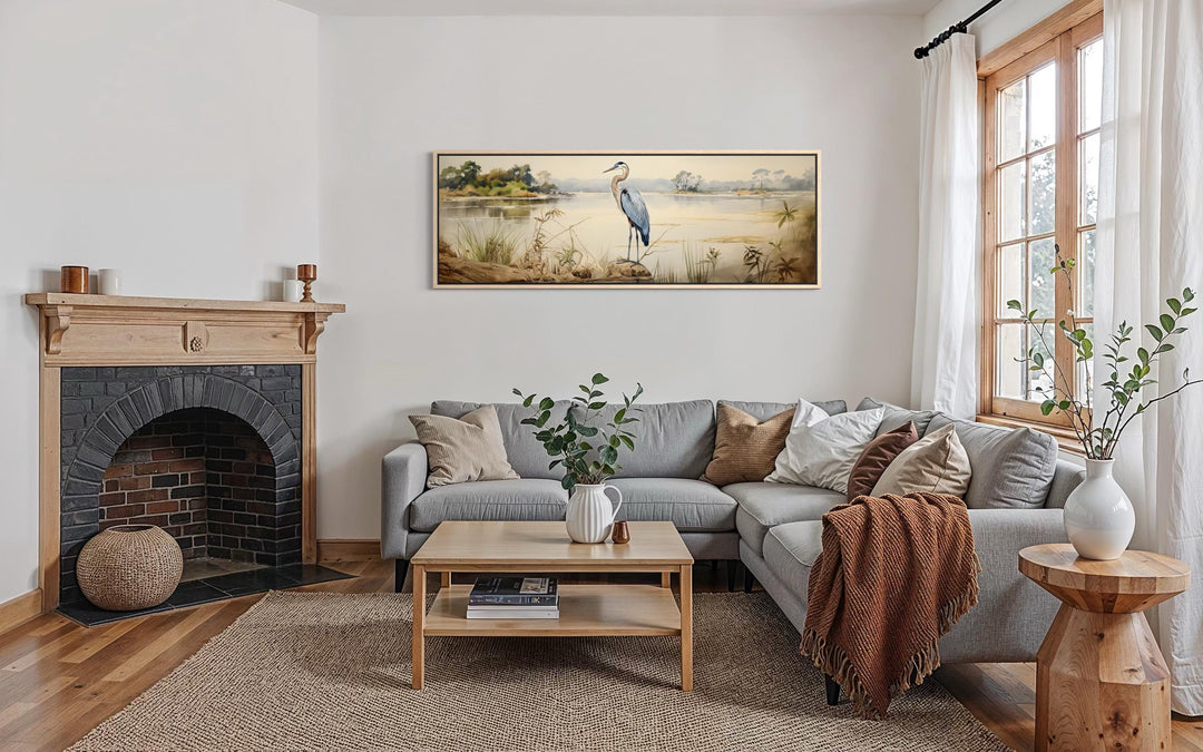 Blue Heron by the Lake Long Horizontal Canvas Wall Art
