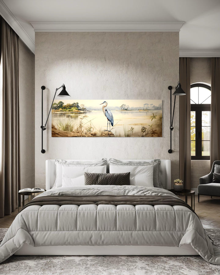 Blue Heron by the Lake Long Horizontal Canvas Wall Art