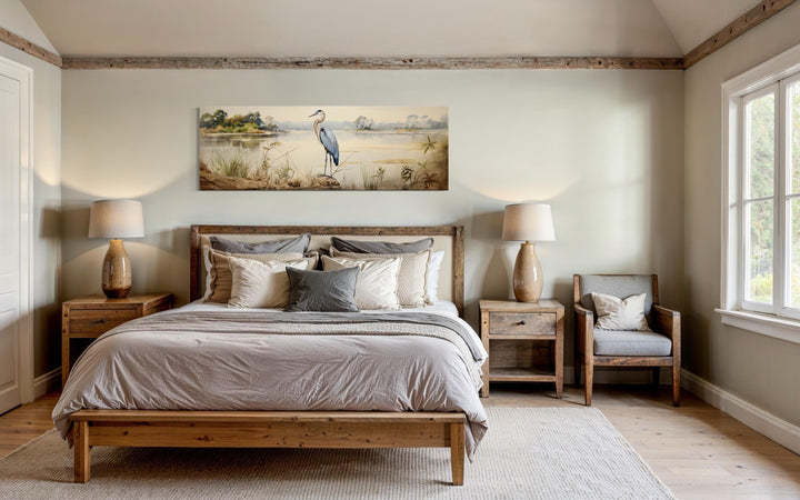 Blue Heron by the Lake Long Horizontal Canvas Wall Art