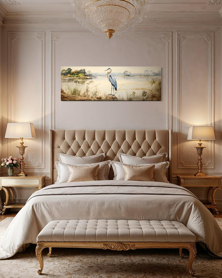 Blue Heron by the Lake Long Horizontal Canvas Wall Art