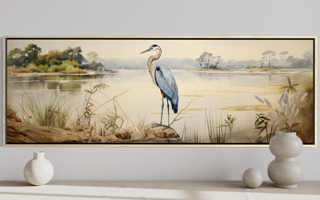 Blue Heron by the Lake Long Horizontal Canvas Wall Art