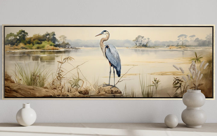 Blue Heron by the Lake Long Horizontal Canvas Wall Art