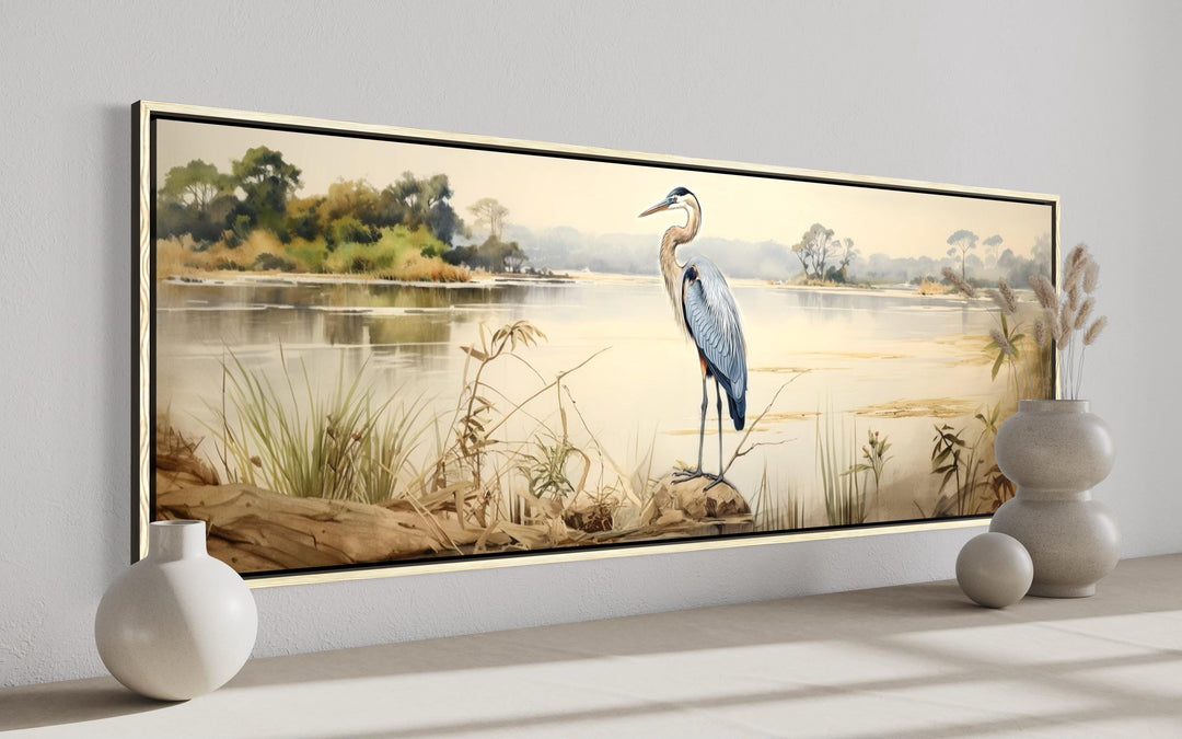 Blue Heron by the Lake Long Horizontal Canvas Wall Art