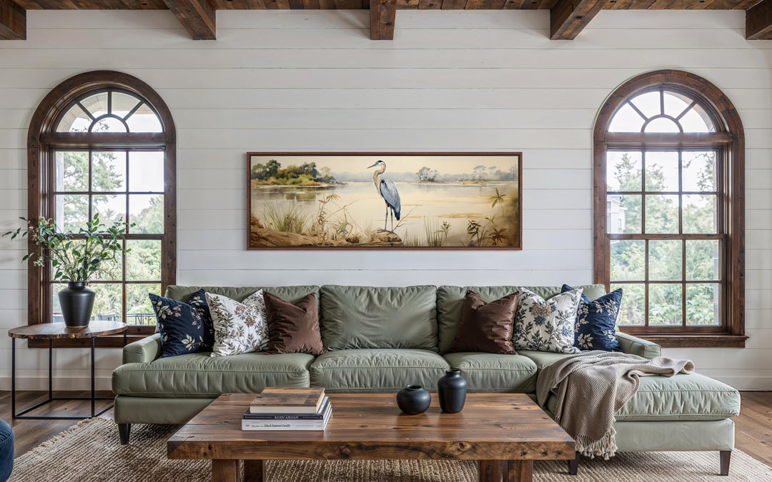 Blue Heron by the Lake Long Horizontal Canvas Wall Art