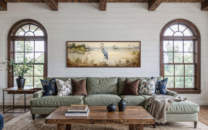 Blue Heron by the Lake Long Horizontal Canvas Wall Art