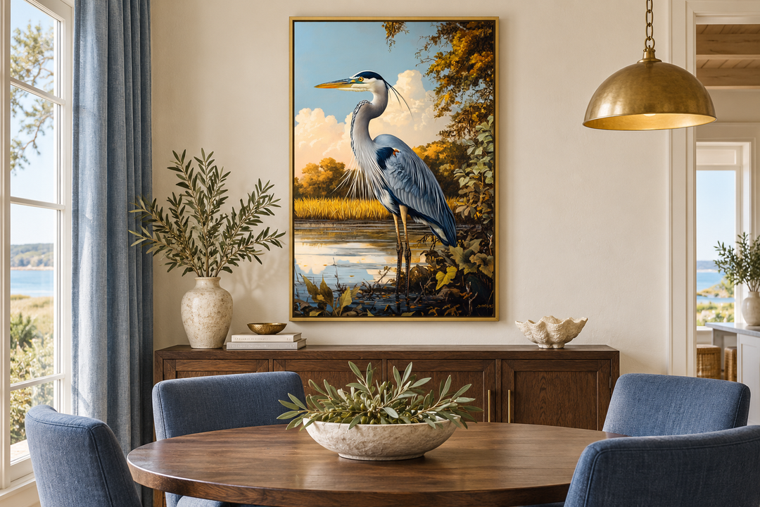 Great Blue Heron in marshland framed canvas wall art hanging in a coastal-style dining room.