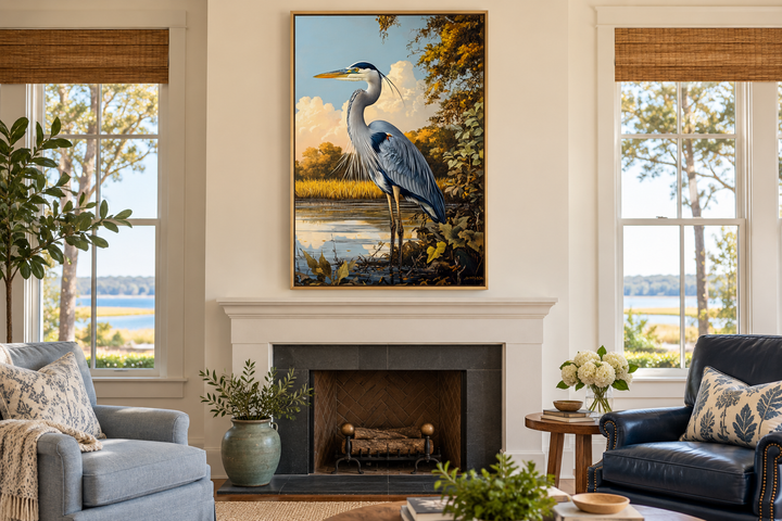 Great Blue Heron in Marshland framed canvas wall art hanging above a white fireplace mantel.