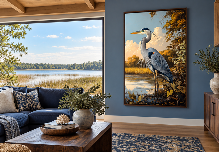Great Blue Heron In Marshland Framed Canvas Wall Art hanging in a modern coastal living room.