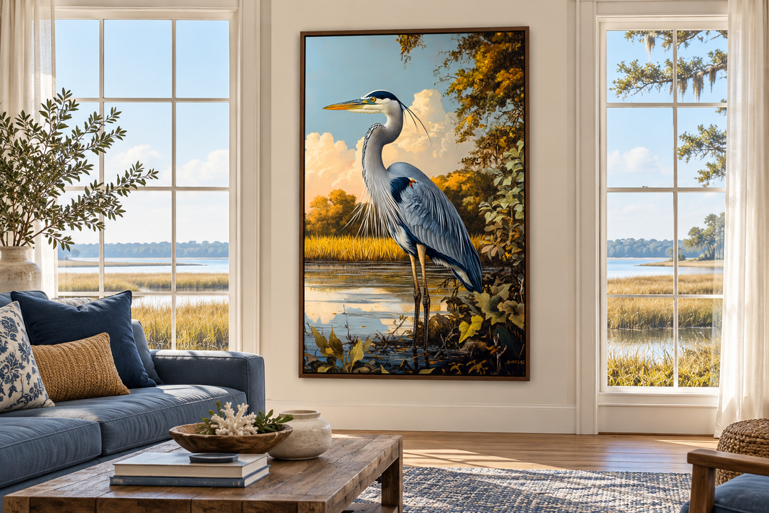 Great Blue Heron in marshland framed canvas wall art hanging in a coastal living room.