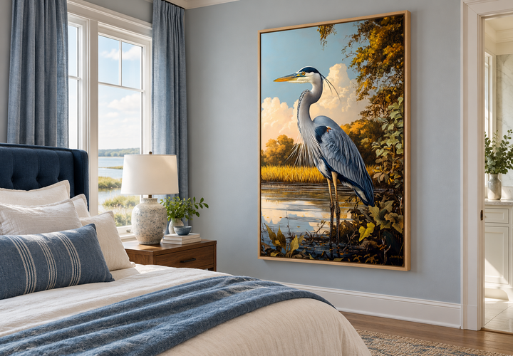 Great Blue Heron in Marshland framed canvas wall art hanging in a coastal-style bedroom.