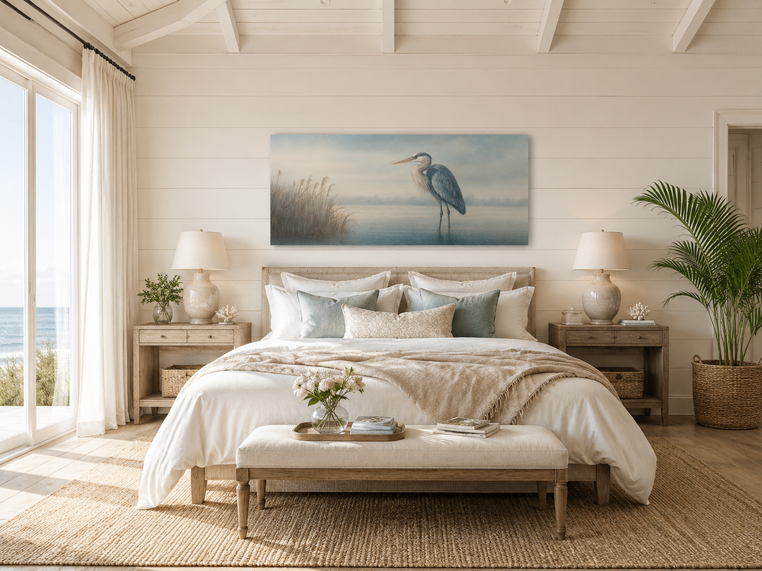 Blue Heron in Misty Lake Framed Canvas Wall Art hanging above a bed in a coastal bedroom.