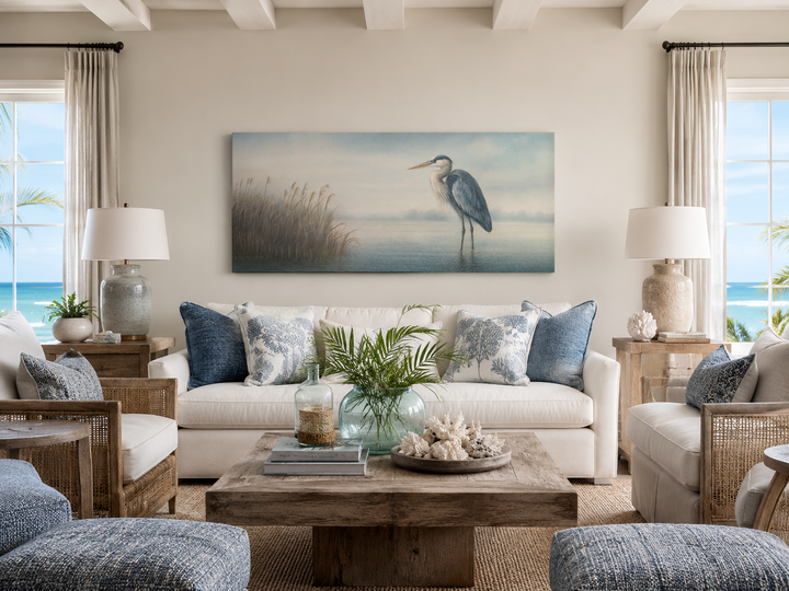 Blue Heron in Misty Lake Framed Canvas Wall Art above a white sofa in a coastal living room.