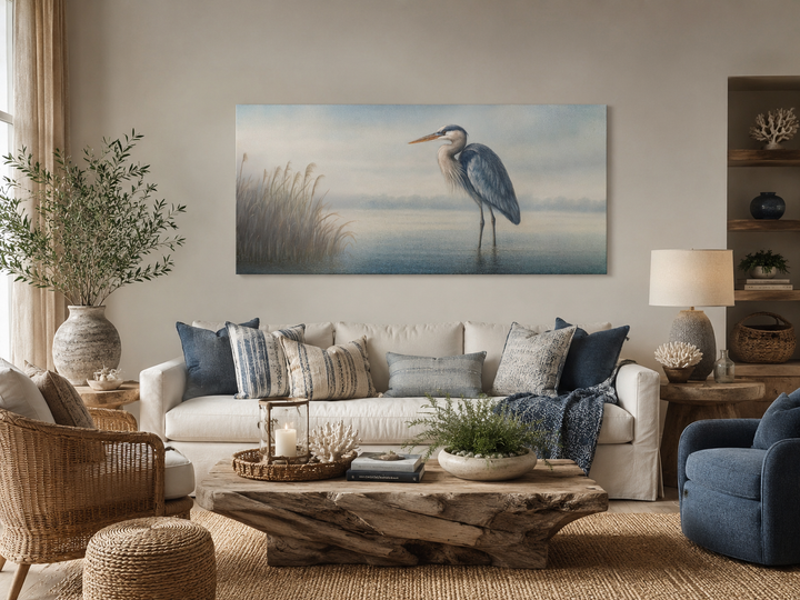 Blue Heron in Misty Lake Framed Canvas Wall Art hanging above a white sofa in a coastal living room.