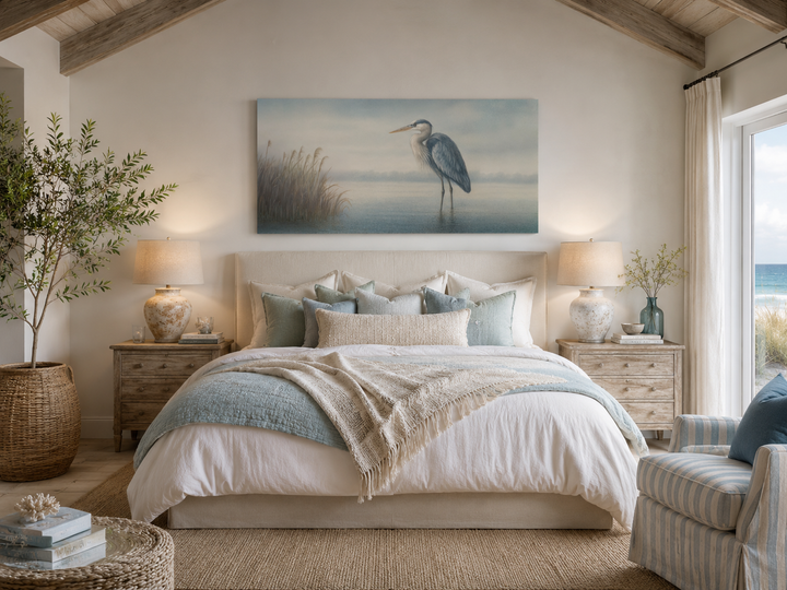 Blue Heron in Misty Lake Framed Canvas Wall Art hanging above a bed in a coastal bedroom.