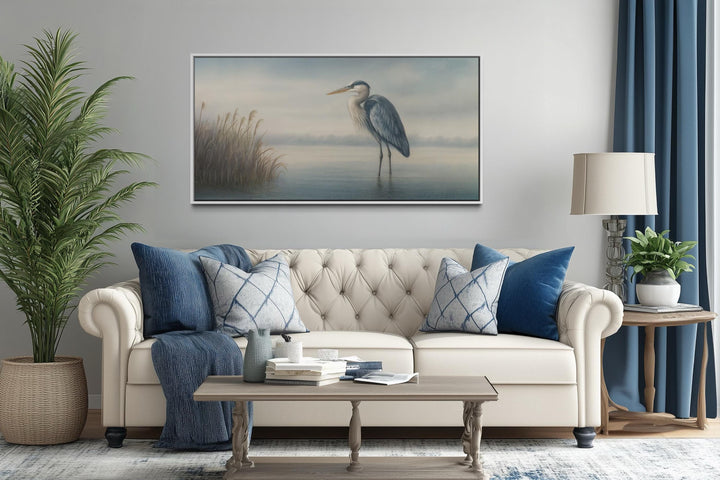 Blue Heron in Misty Lake Framed Canvas Wall Art
