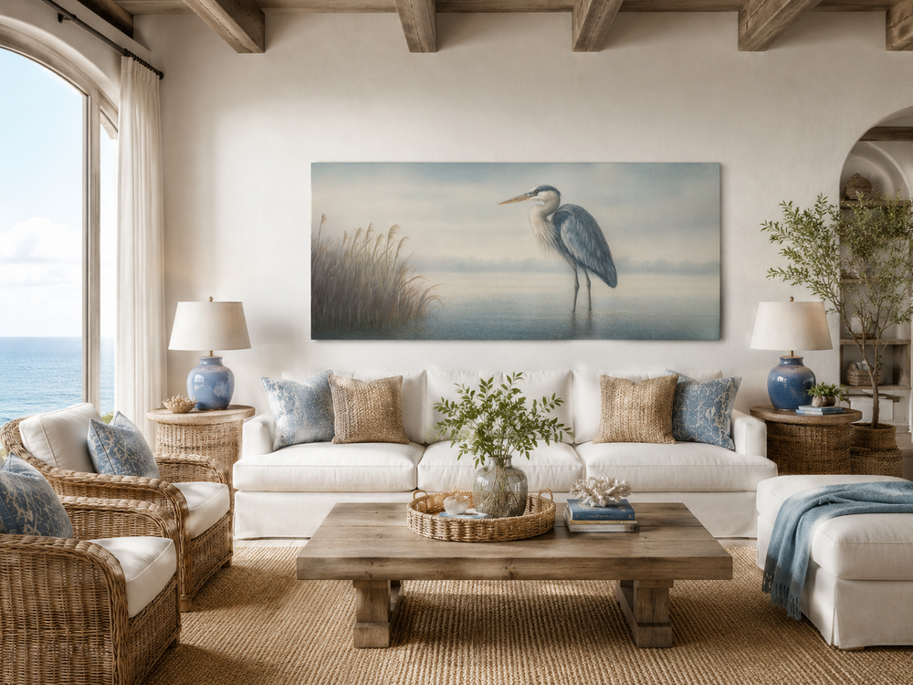 Blue Heron in Misty Lake Framed Canvas Wall Art displayed above a white sofa in a coastal room.
