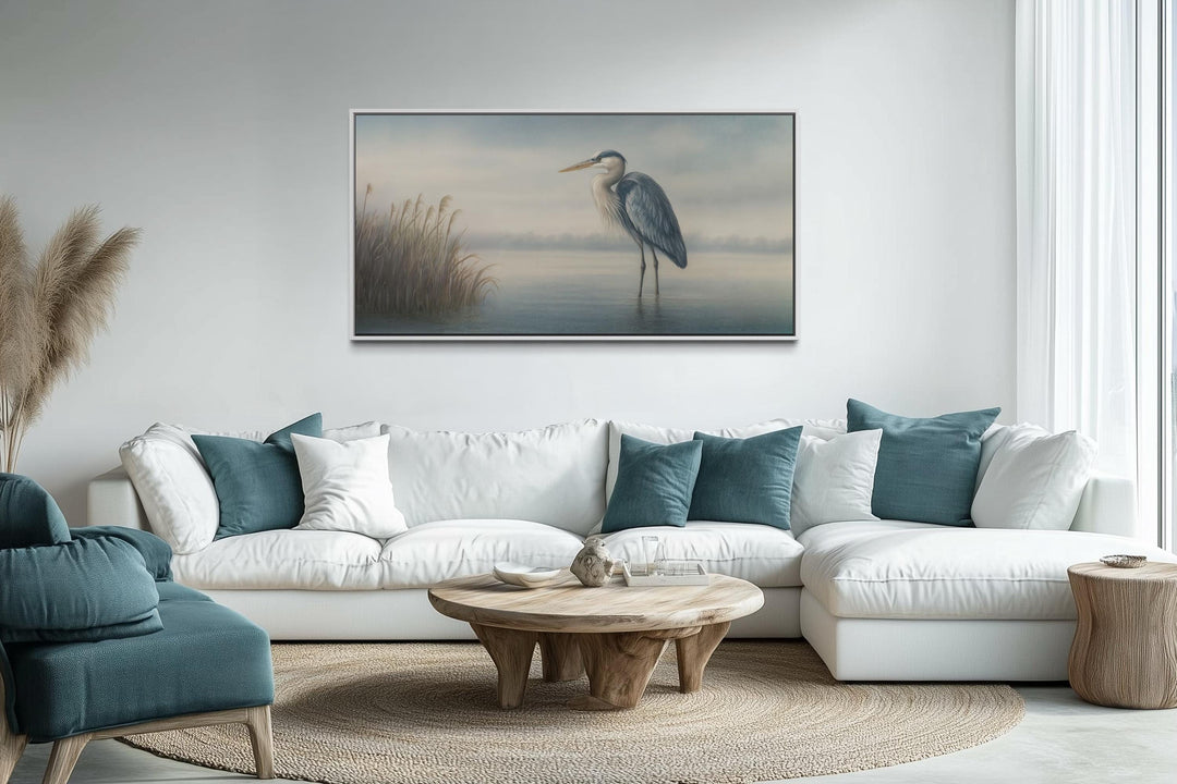 Blue Heron in Misty Lake Framed Canvas Wall Art