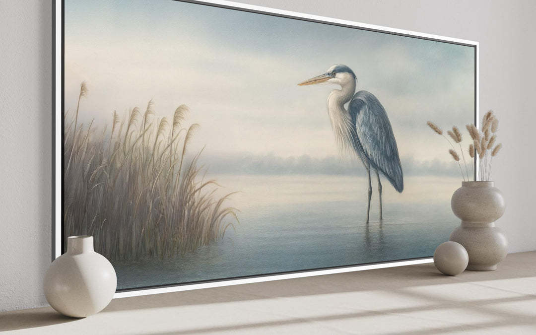 Blue Heron in Misty Lake Framed Canvas Wall Art featuring a heron in a serene, foggy lake setting.