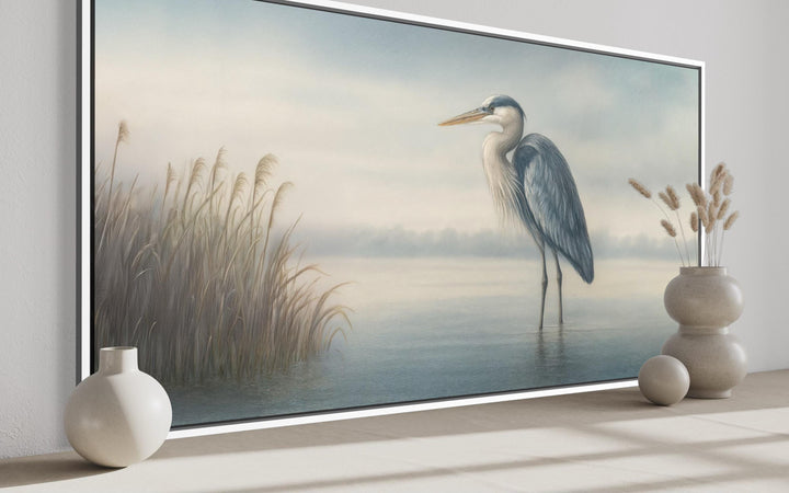 Blue Heron in Misty Lake Framed Canvas Wall Art featuring a heron in a serene, foggy lake setting.