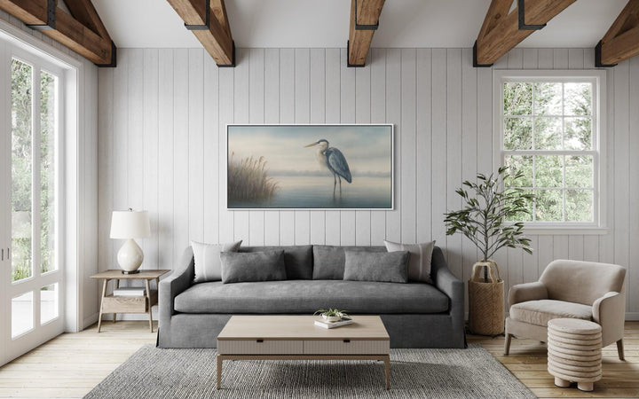 Blue Heron in Misty Lake Framed Canvas Wall Art