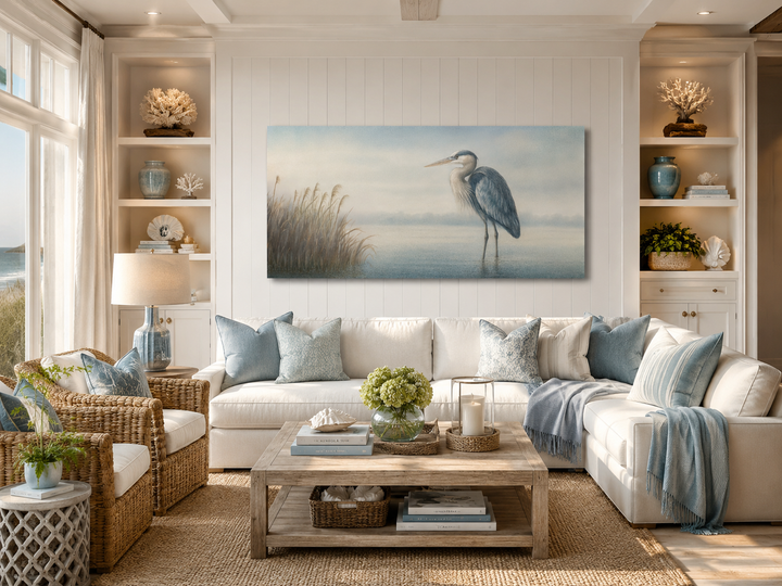 Blue Heron in Misty Lake framed canvas wall art hanging above a white sofa in a coastal living room.