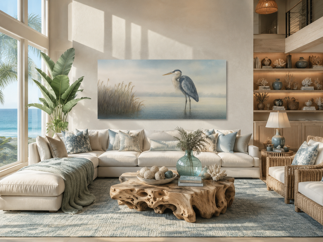 Blue Heron in Misty Lake framed canvas wall art hanging above a white sectional sofa in a sunlit room
