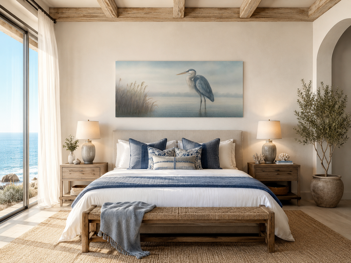 Blue Heron in Misty Lake Framed Canvas Wall Art displayed above a bed in a coastal bedroom.