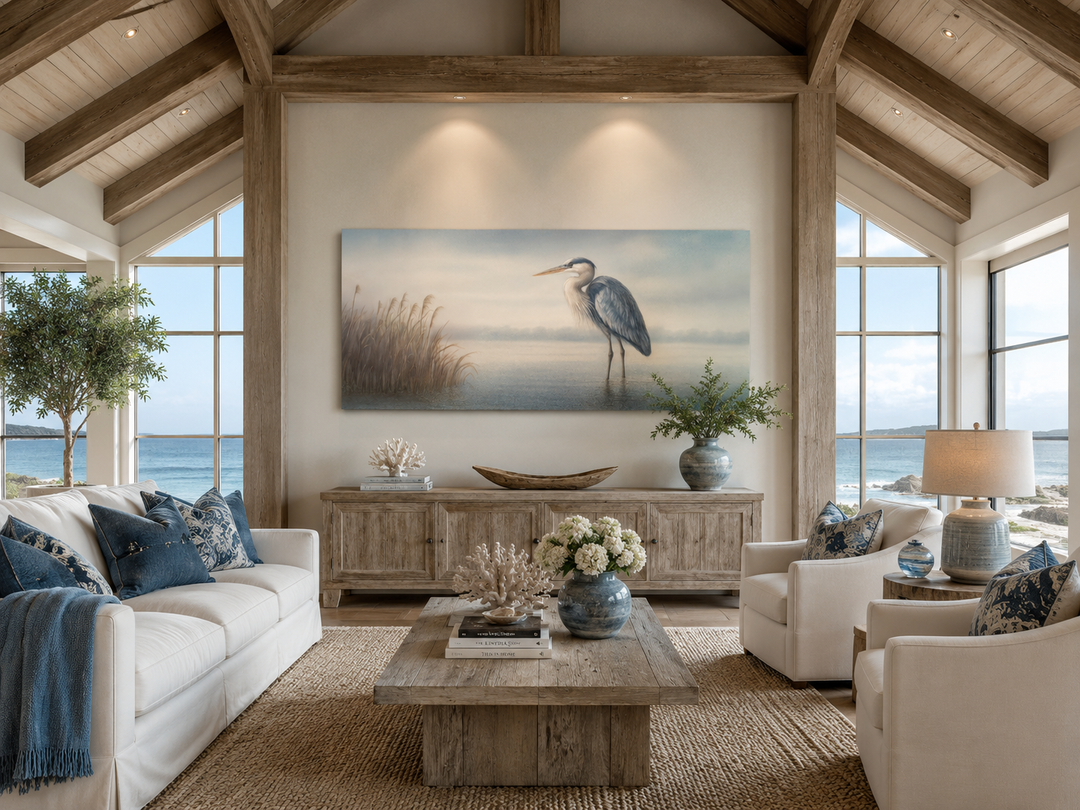 Blue Heron in Misty Lake Framed Canvas Wall Art hanging in a coastal living room.