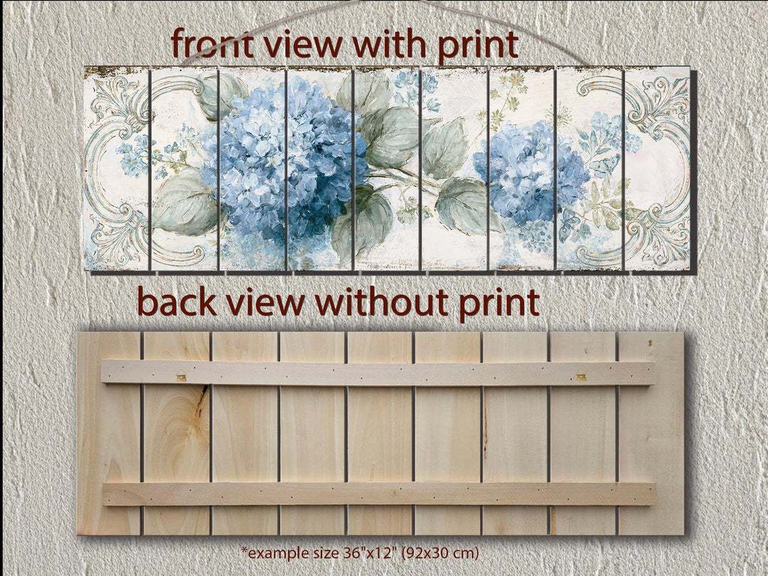 Blue hydrangea floral print on distressed wood planks, shown from front and back views.