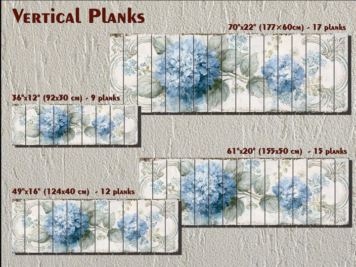 Blue hydrangea floral art on vertical wood planks, available in four sizes with distressed edges.