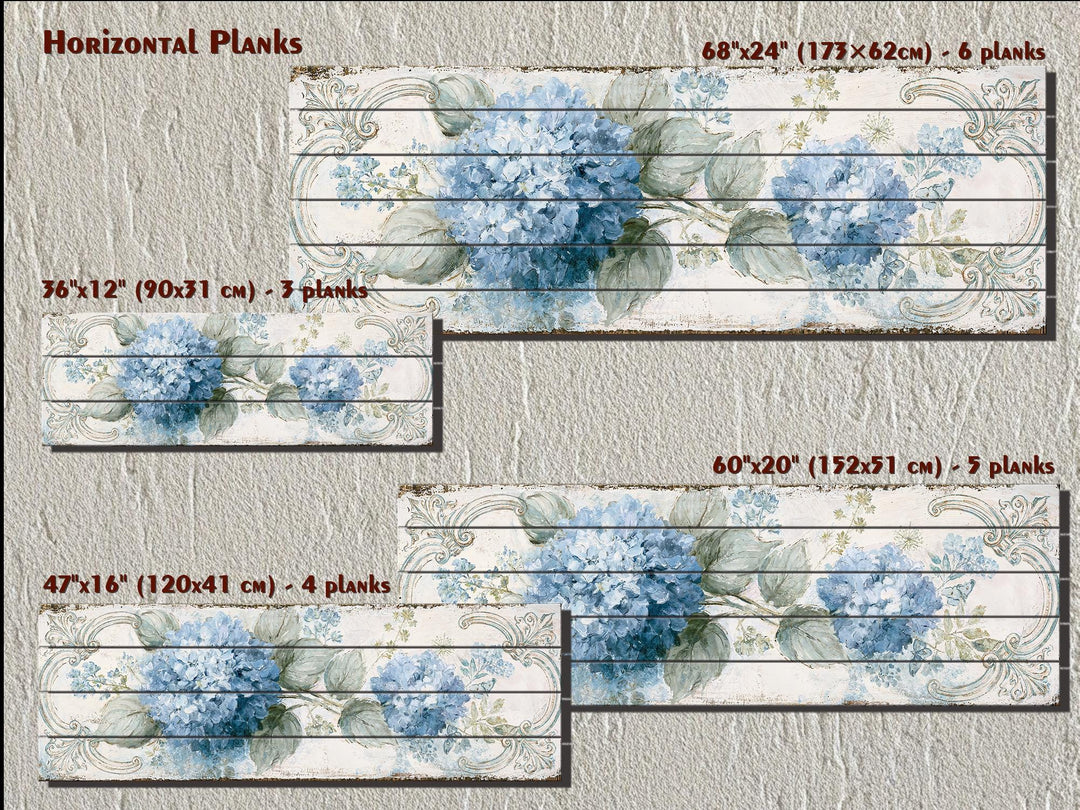Blue hydrangea floral art on horizontal distressed wood planks in four different sizes.