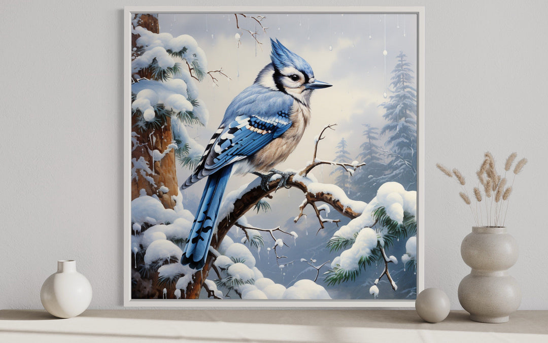 Blue Jay In Snow Winter Framed Canvas Wall Art