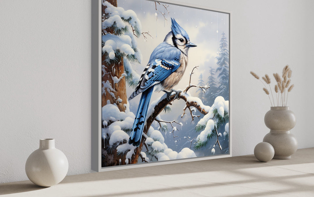 Blue Jay In Snow Winter Framed Canvas Wall Art